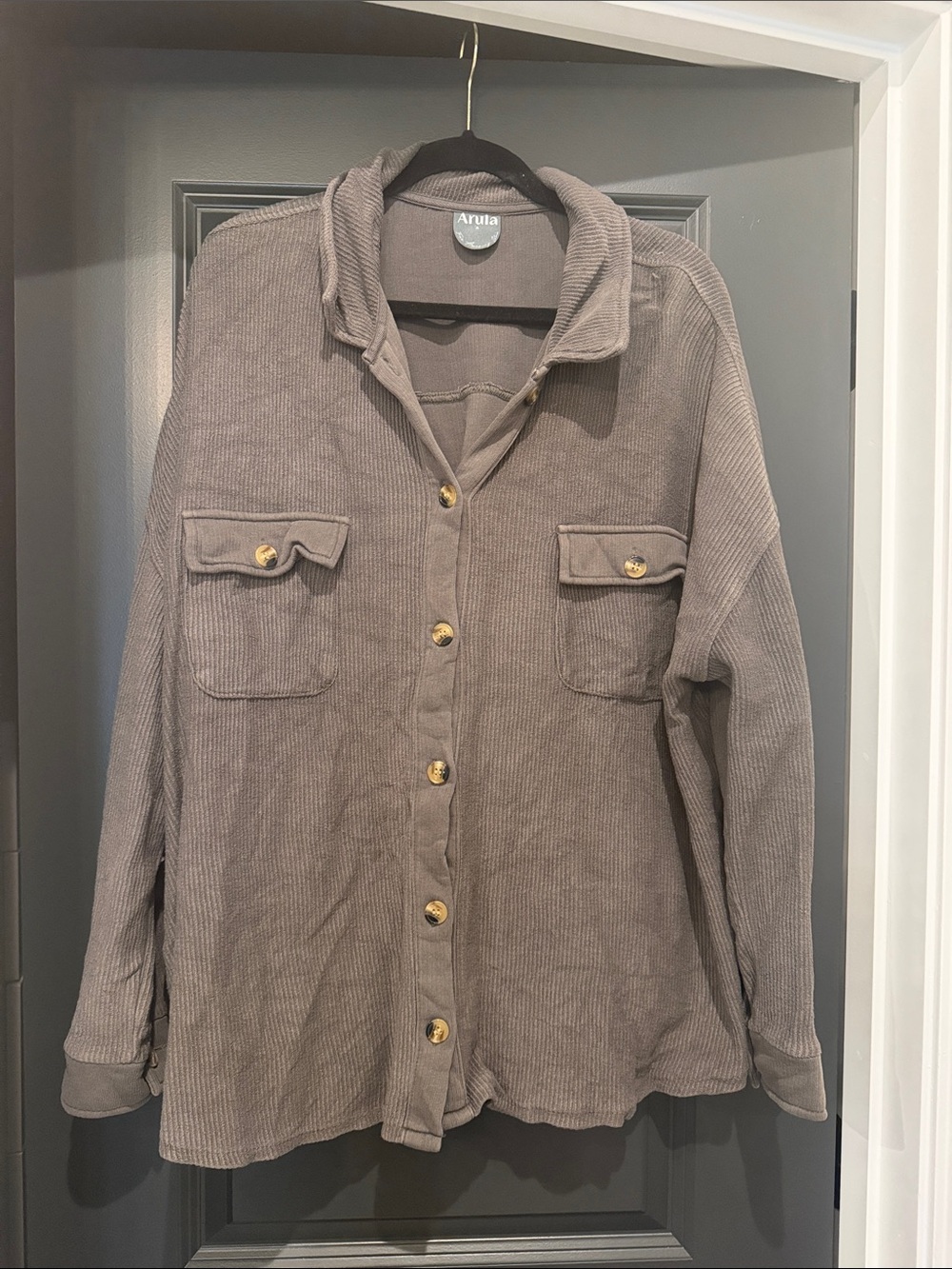ARULA Taupe Button-Front Corded Shirt Jacket with Gold Buttons